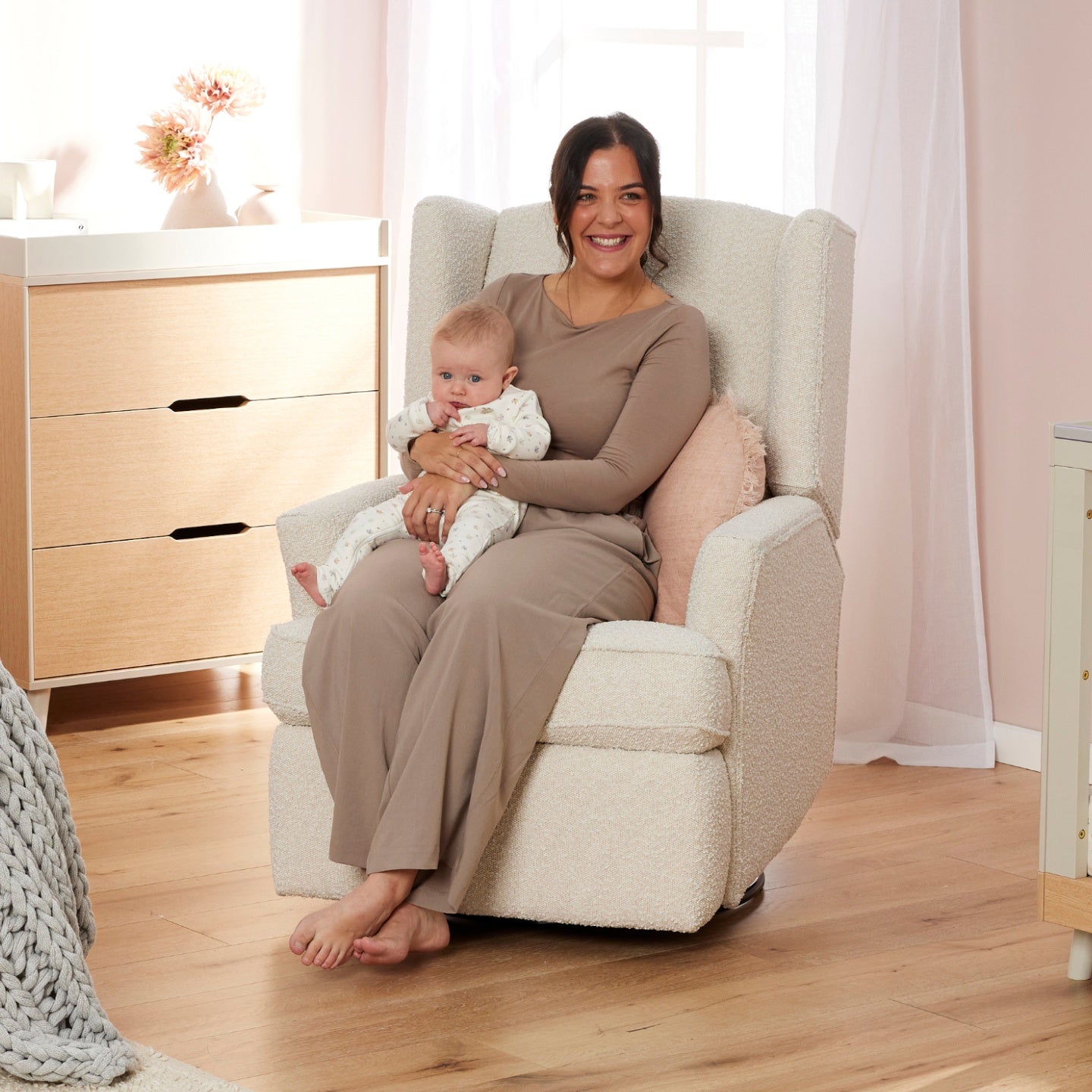 Chelsea Recliner Glider Chair in Vanilla Bouclé