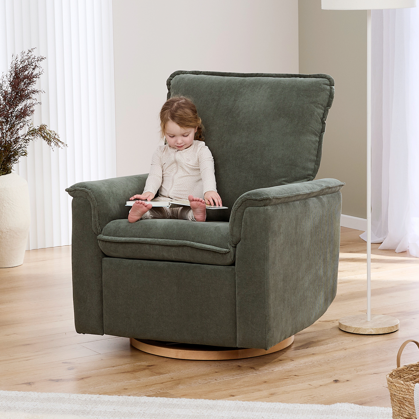 Louie Electric Recliner Glider Nursery Chair in Olive Corduroy