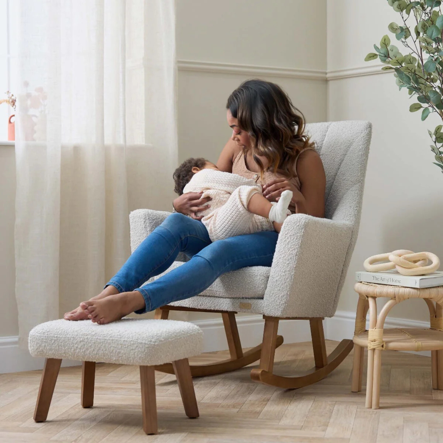 Jonah Rocking Chair & Foot Stool in Mushroom Boucle