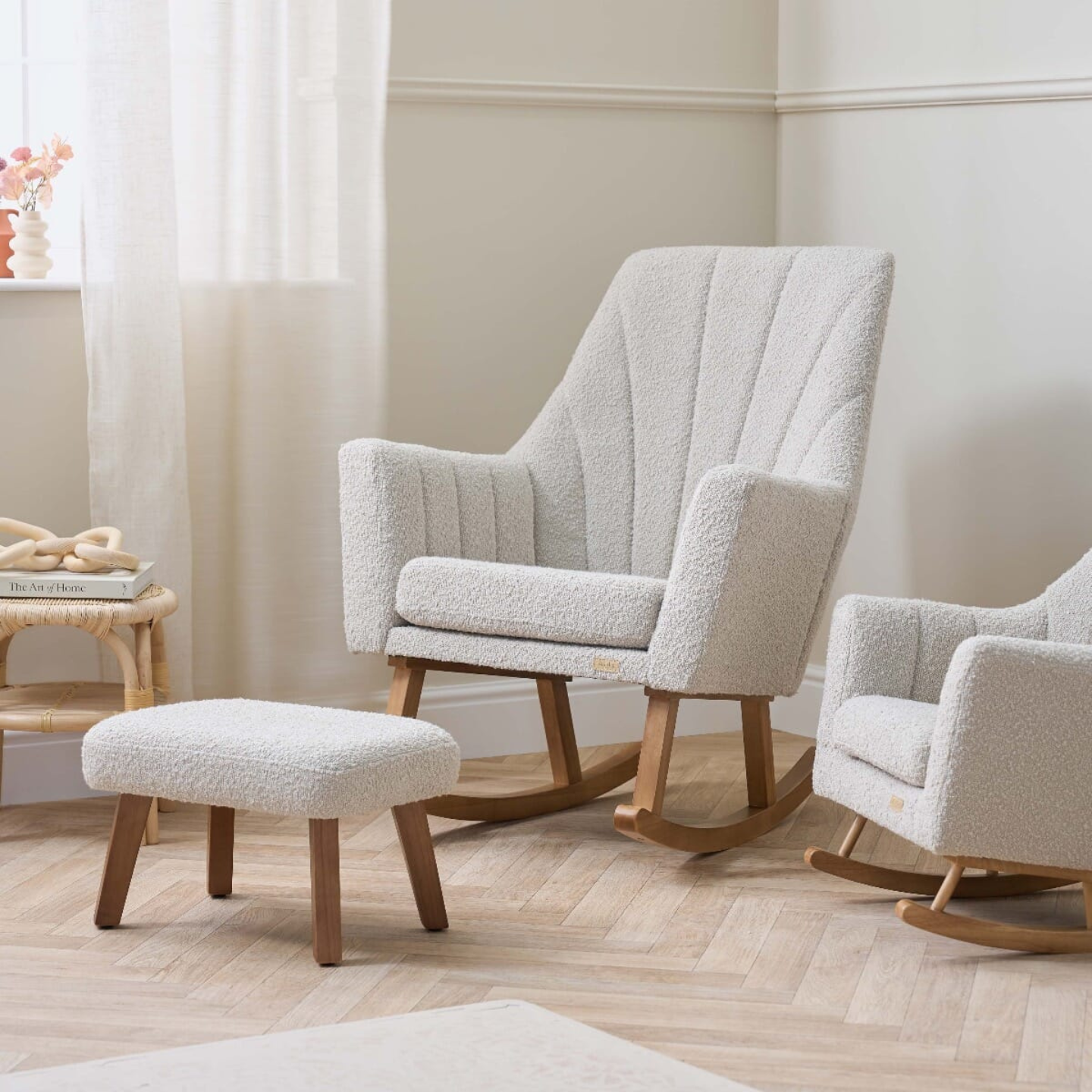 Jonah Rocking Chair & Foot Stool in Mushroom Boucle