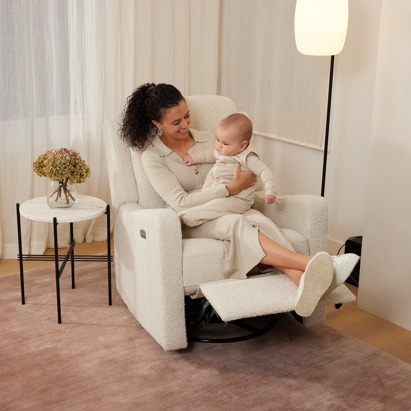 Henry Electric Recliner Glider Chair with USB in Vanilla Bouclé