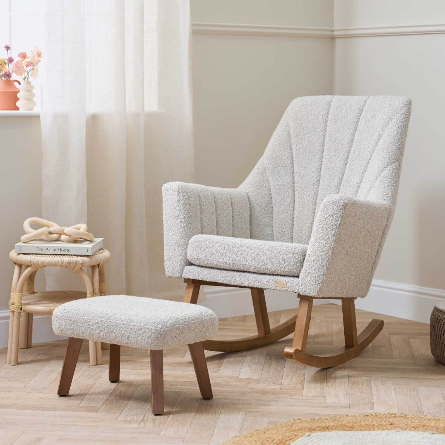 Jonah Rocking Chair & Foot Stool in Mushroom Boucle