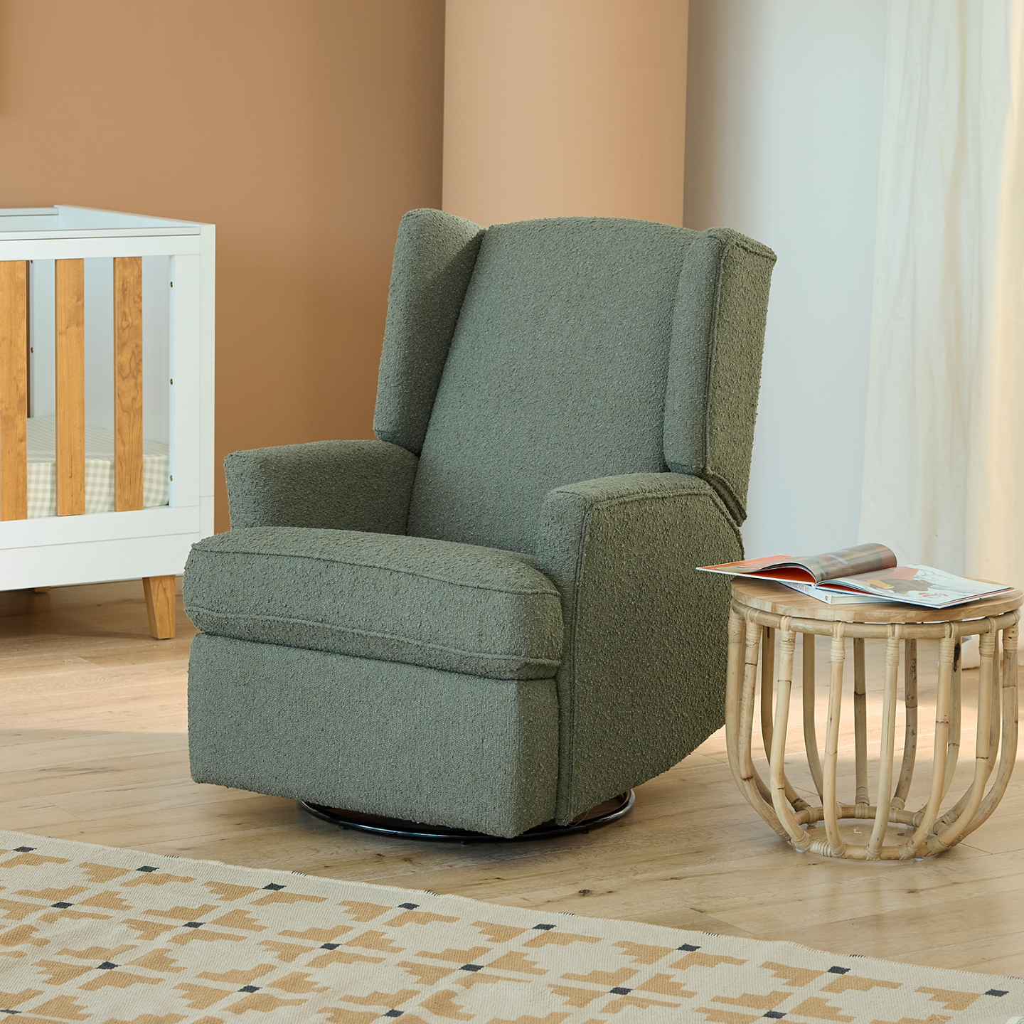 Chelsea Recliner Glider Chair in Olive Bouclé