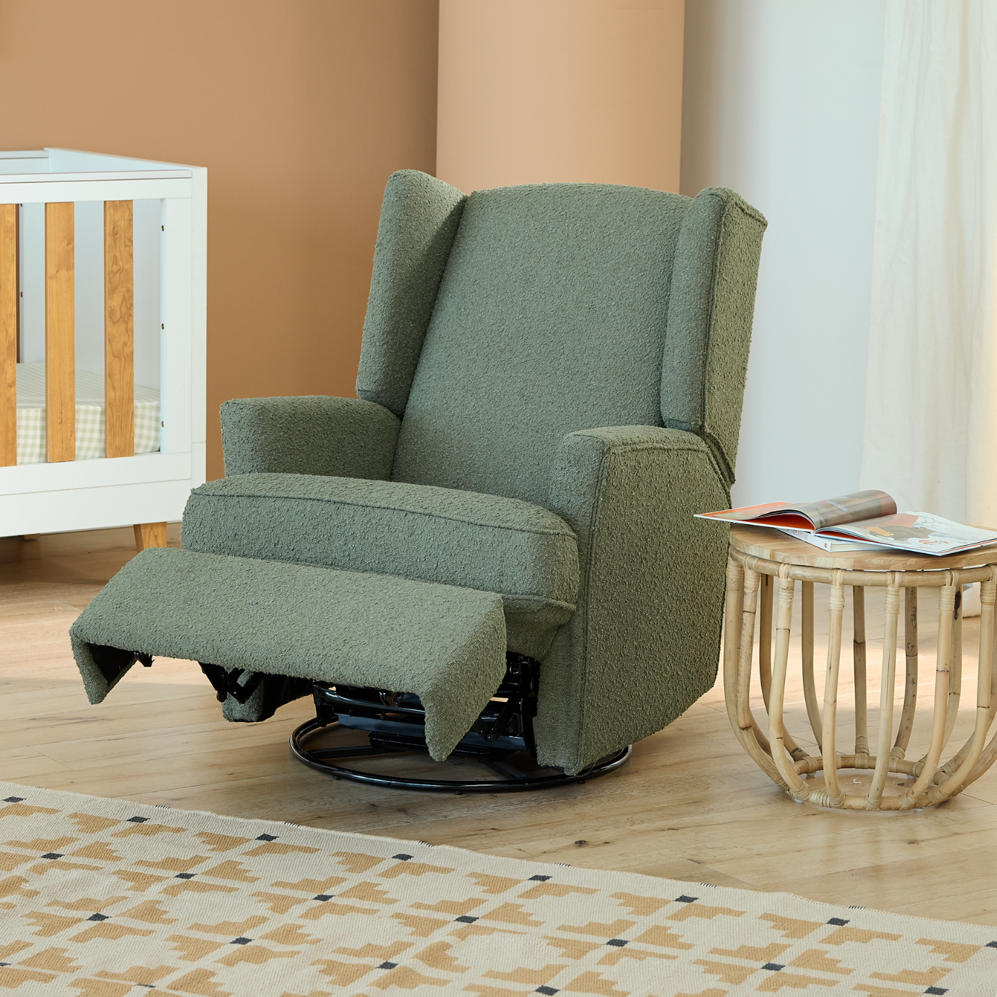 Chelsea Recliner Glider Chair in Olive Bouclé