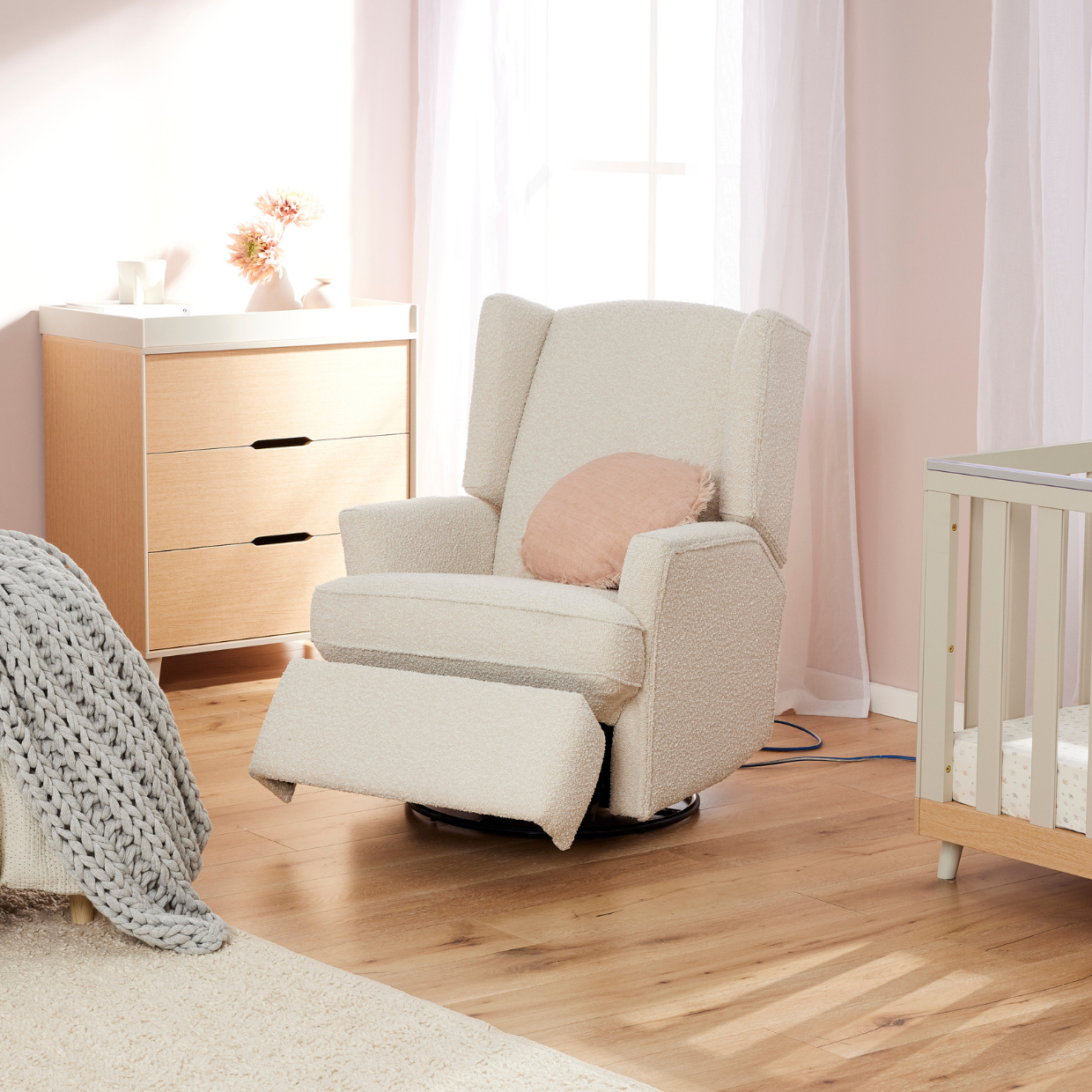 Chelsea Electric Recliner Glider Chair with USB in Vanilla Bouclé