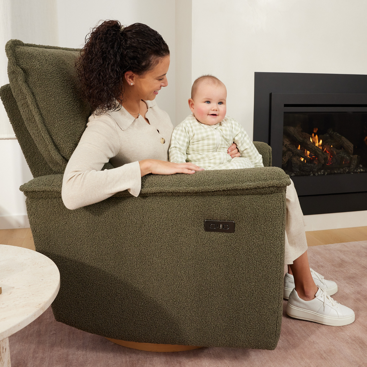 Louie Electric Recliner Glider Nursery Chair in Olive Teddy