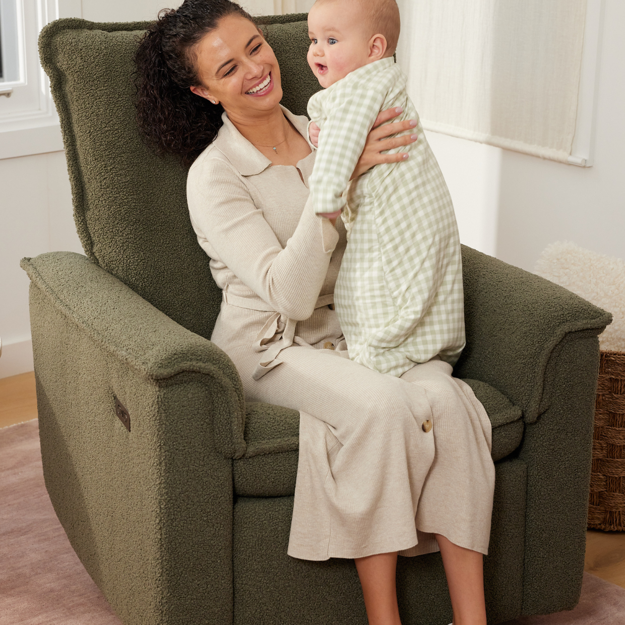 Louie Electric Recliner Glider Nursery Chair in Olive Teddy