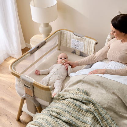 CoZee Breeze Sense Co-Sleeping Bassinet with Rocking Legs in Toasted Oak & Sand