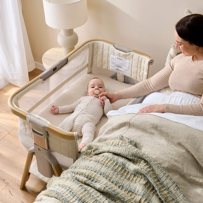 CoZee Breeze Sense Co-Sleeping Bassinet with Rocking Legs in Toasted Oak & Sand