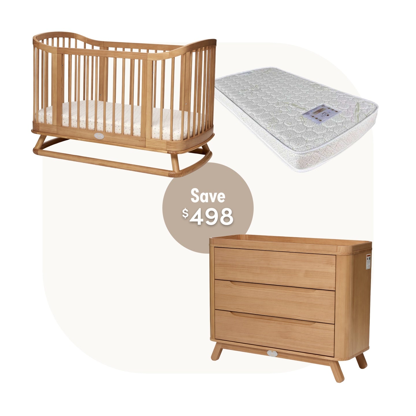 Luca Cot with Theo Chest & Luxury Oval Cot Mattress