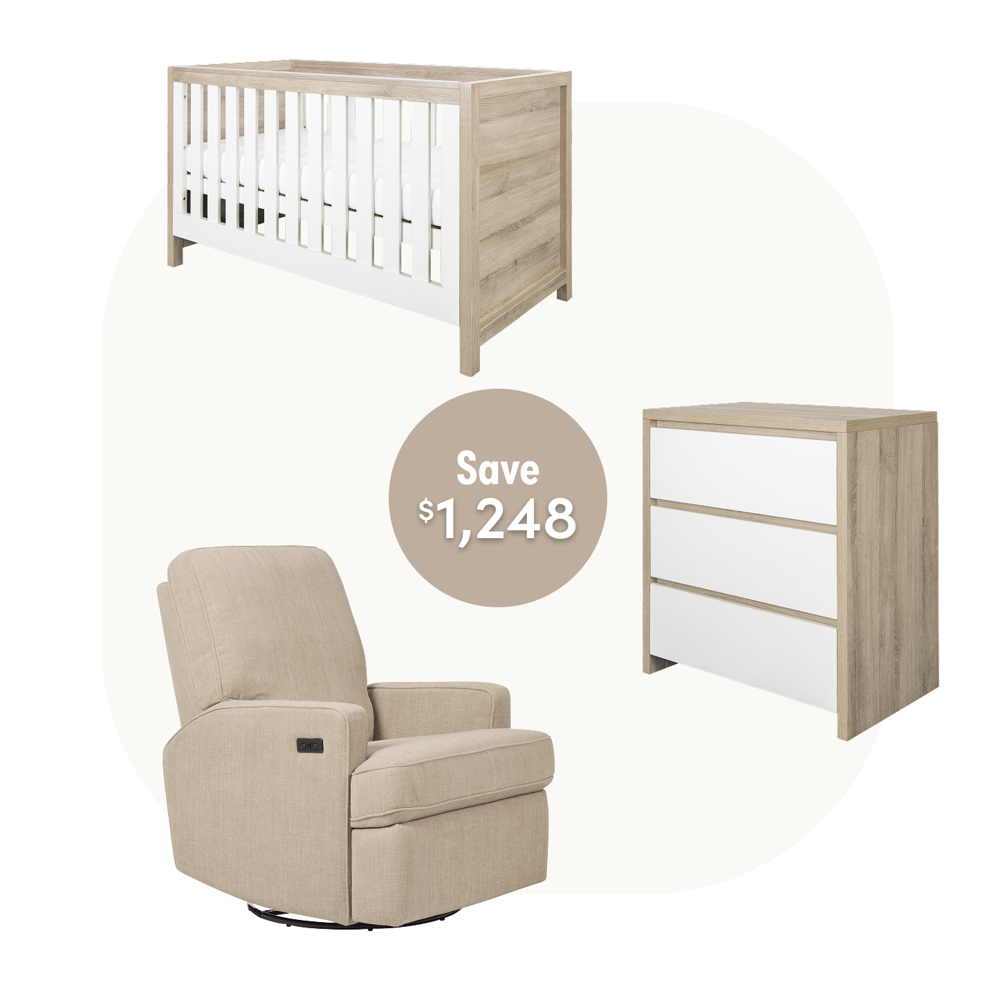 Modena Cot Set in Oak White with Quinn Electric in Latte