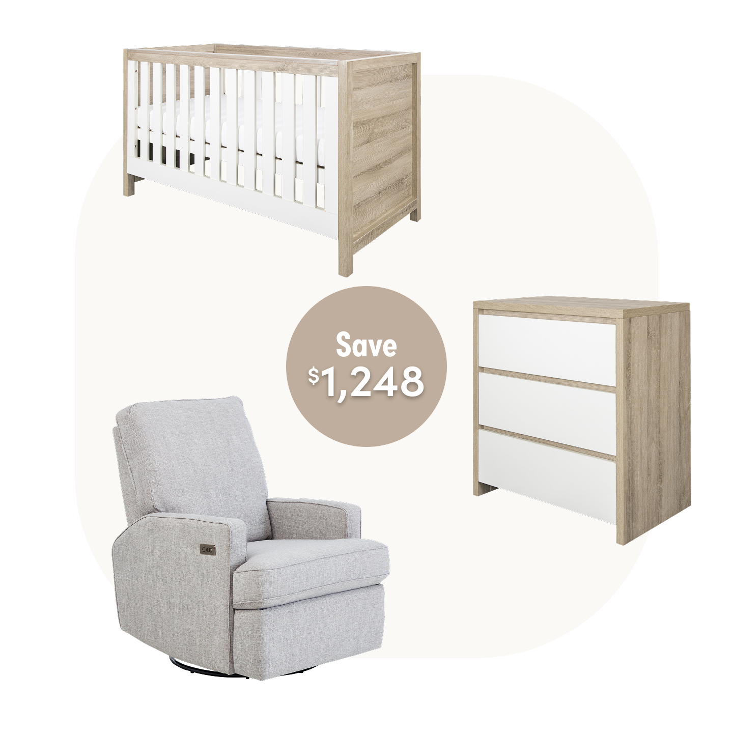 Modena Cot Set in Oak White with Quinn Electric in Pure Grey