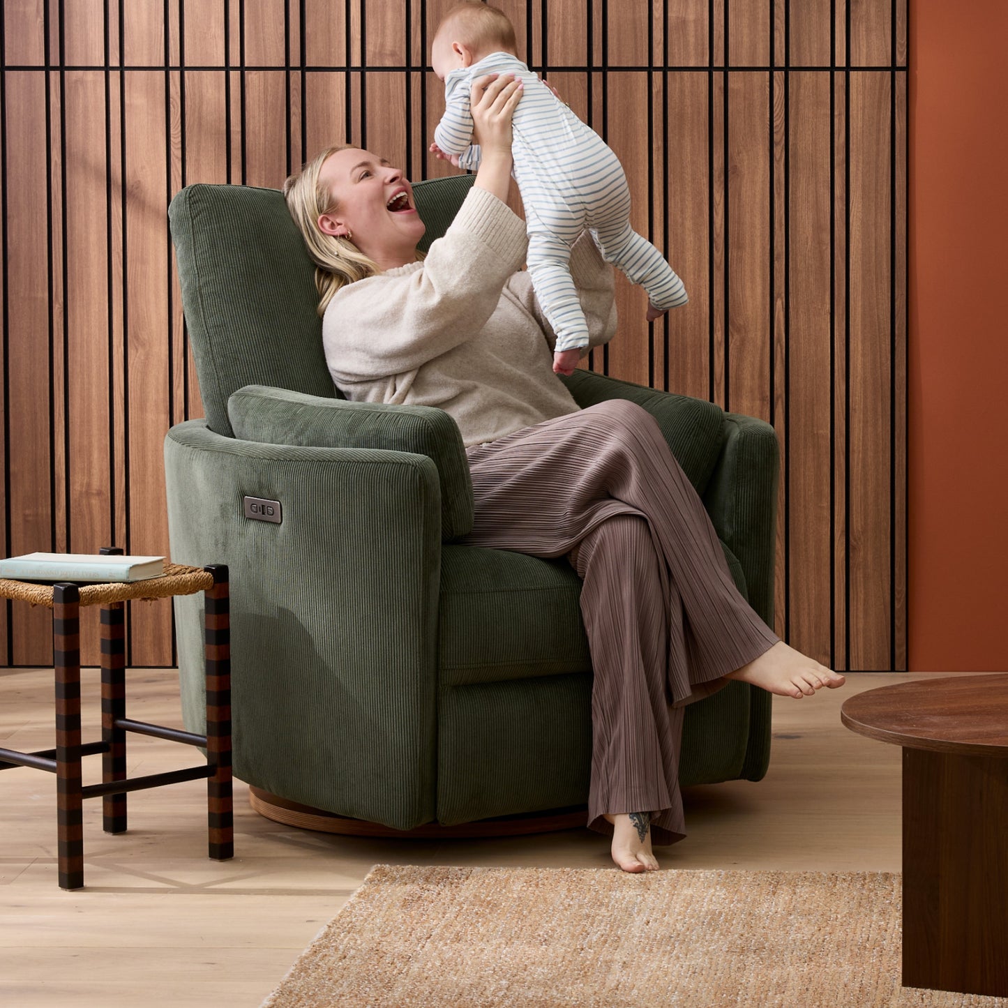 Lola Electric Recliner Glider Nursery Chair in Olive Corduroy