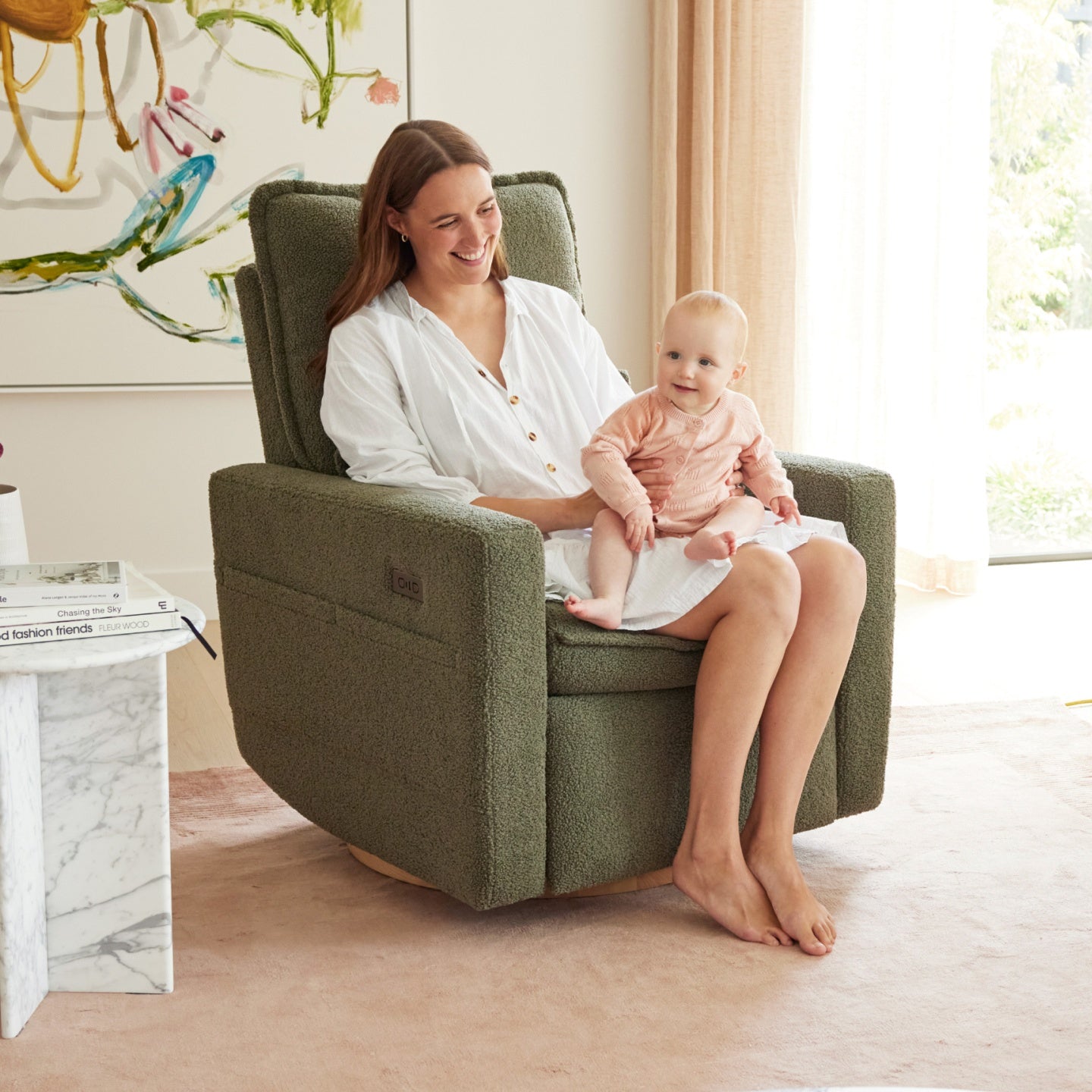 Frankie Electric Recliner Glider Nursery Chair in Olive Teddy