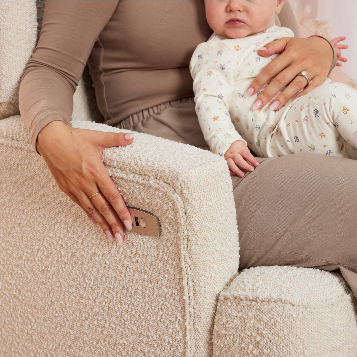 Chelsea Electric Recliner Glider Chair with USB in Vanilla Bouclé