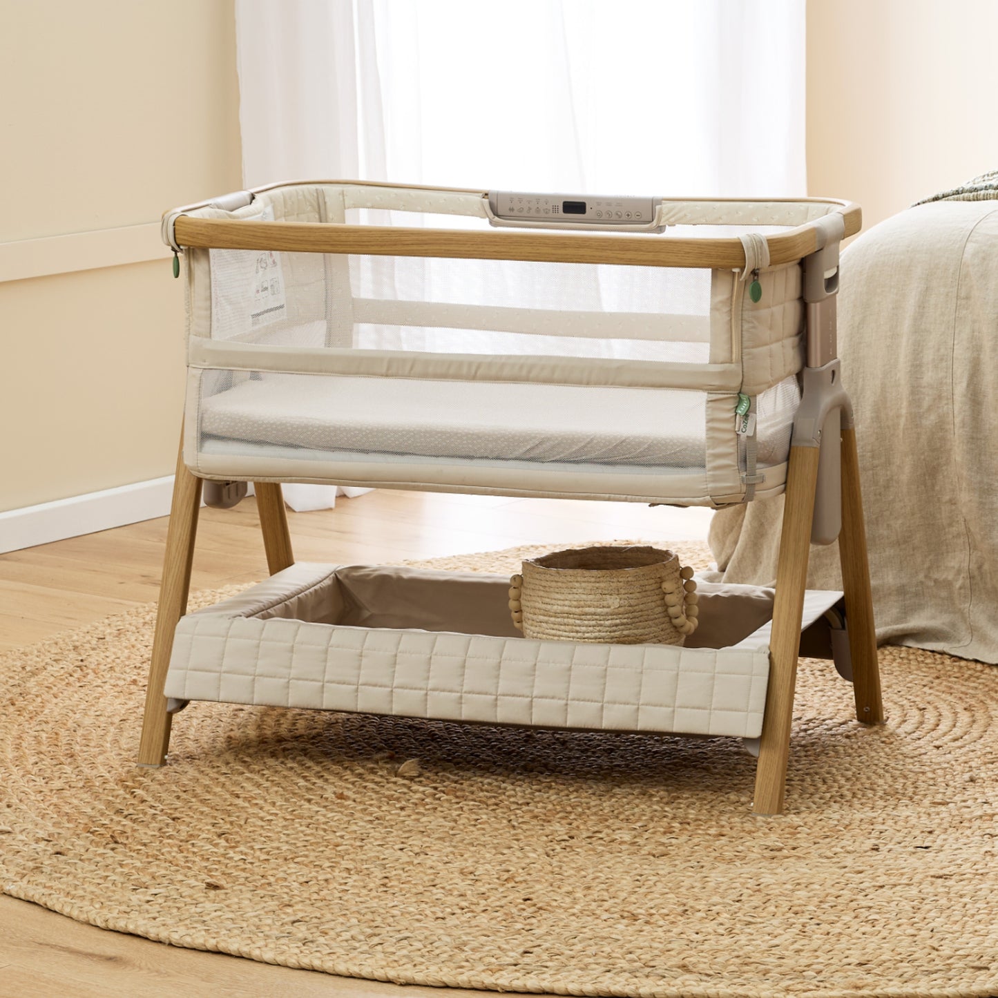 CoZee Breeze Sense Co-Sleeping Bassinet with Rocking Legs in Toasted Oak & Sand