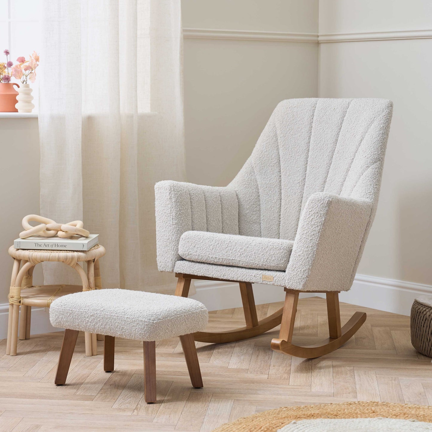 Jonah Rocking Chair & Foot Stool in Mushroom Boucle