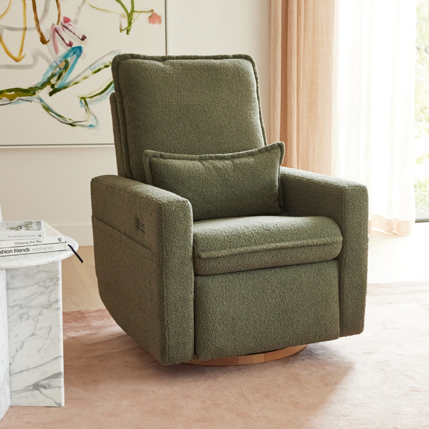 Frankie Electric Recliner Glider Nursery Chair in Olive Teddy