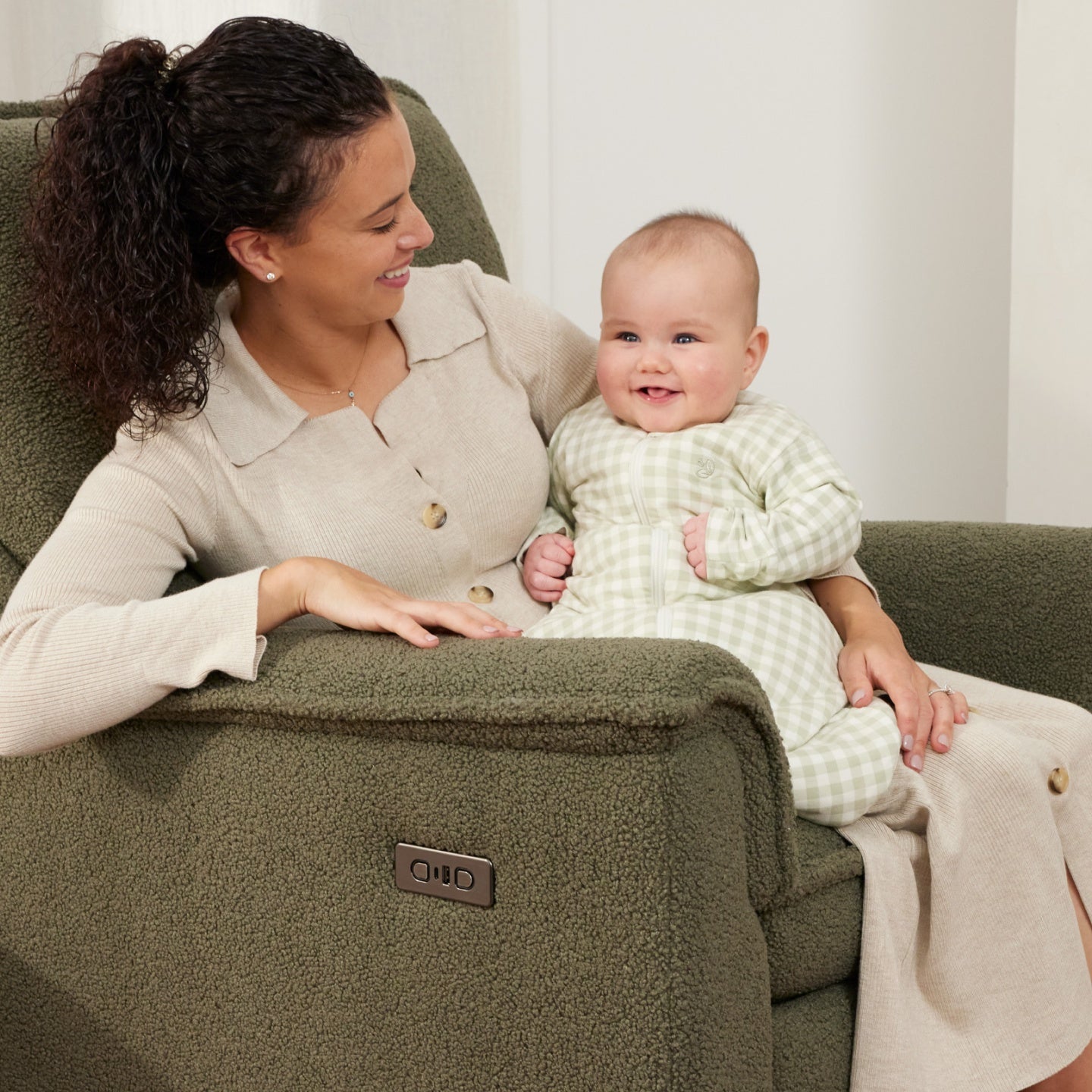 Louie Electric Recliner Glider Nursery Chair in Olive Teddy