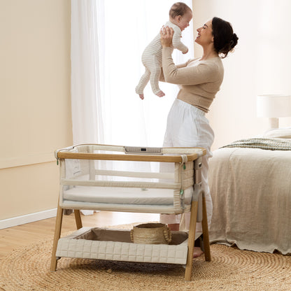 CoZee Breeze Sense Co-Sleeping Bassinet with Rocking Legs in Toasted Oak & Sand
