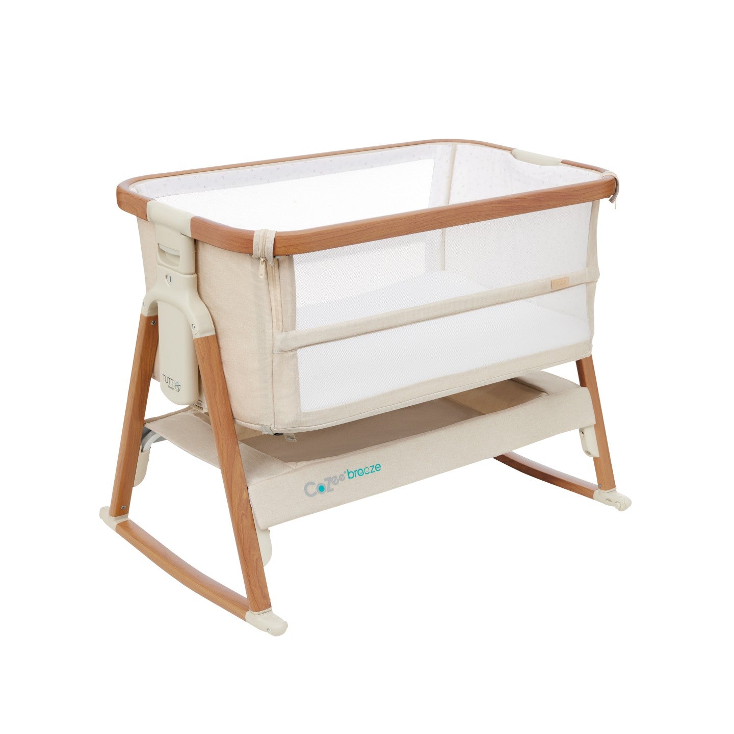 CoZee Breeze Plus Co-Sleeping Bassinet with Rocking Legs in Scandi Walnut and Ecru