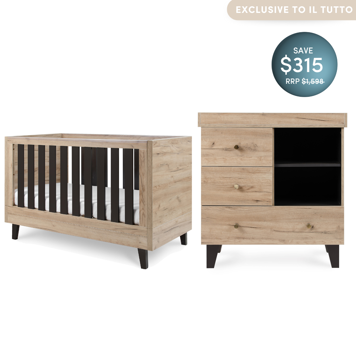 Como Cot Chest Bundle in Distressed Oak Slate Grey iL Tutto
