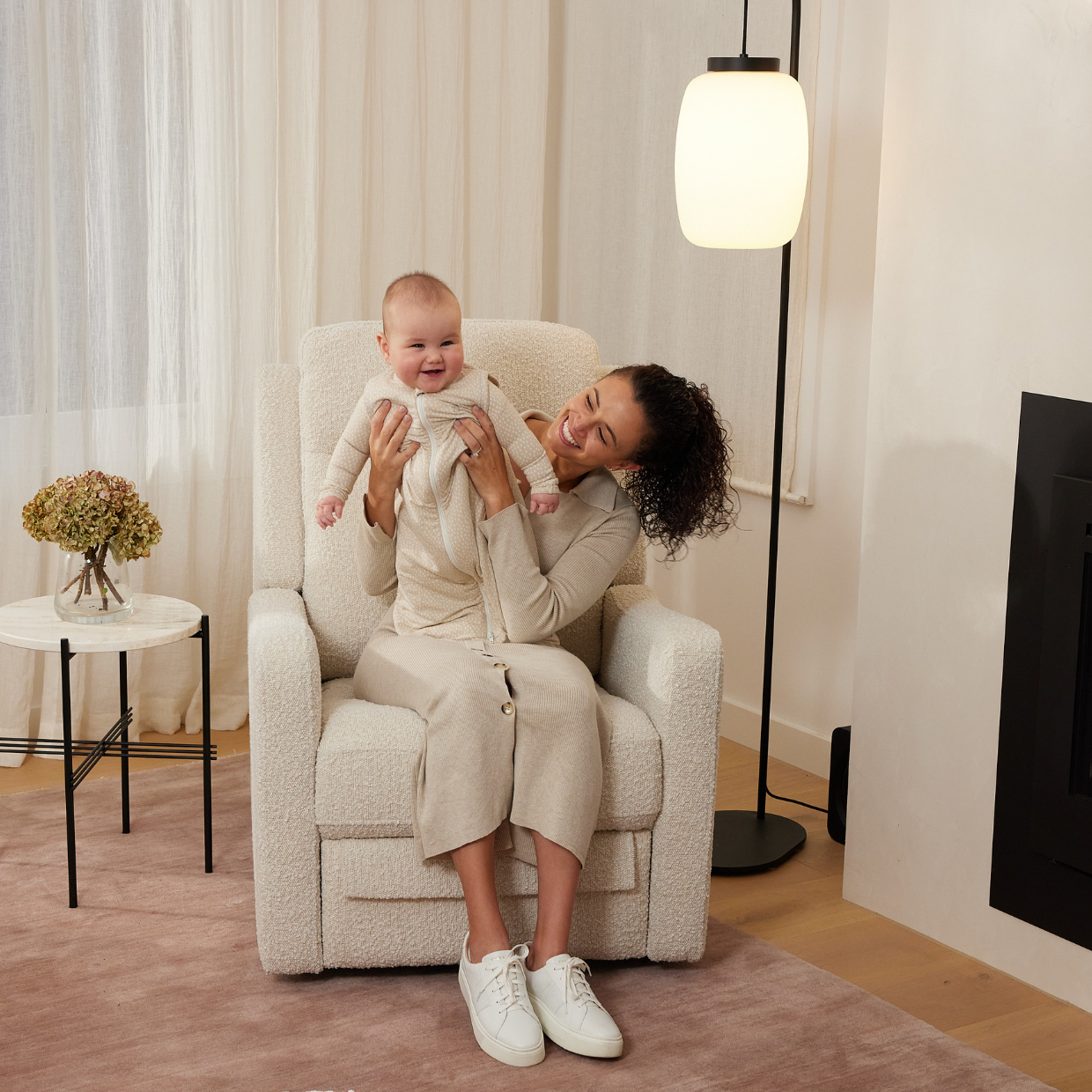 Henry Electric Recliner Glider Chair with USB in Vanilla Bouclé